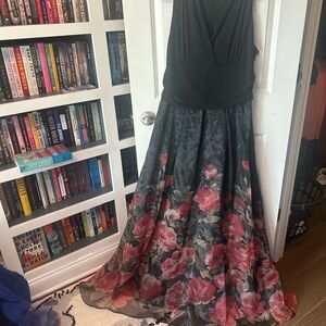 Elegant Black and Red Floral Prom Dress